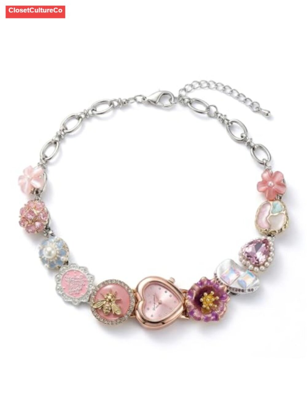 Heart Watch Choker Necklace with Garden Charms Alloy Lobster Clasp